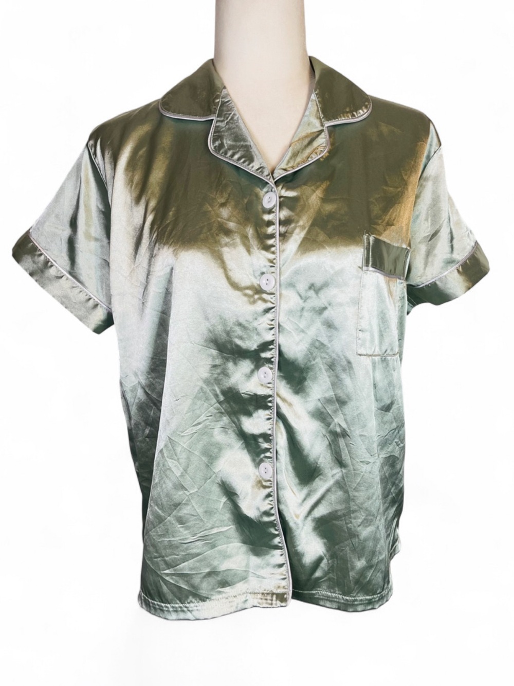 Women's Size Large L Button Down Pajama Shirt Top Light Green White Short Sleeve